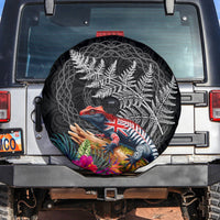 New Zealand Tuatara Spare Tire Cover Silver Fern Hibiscus and Tribal Maori Pattern Black Color LT03 Black - Polynesian Pride
