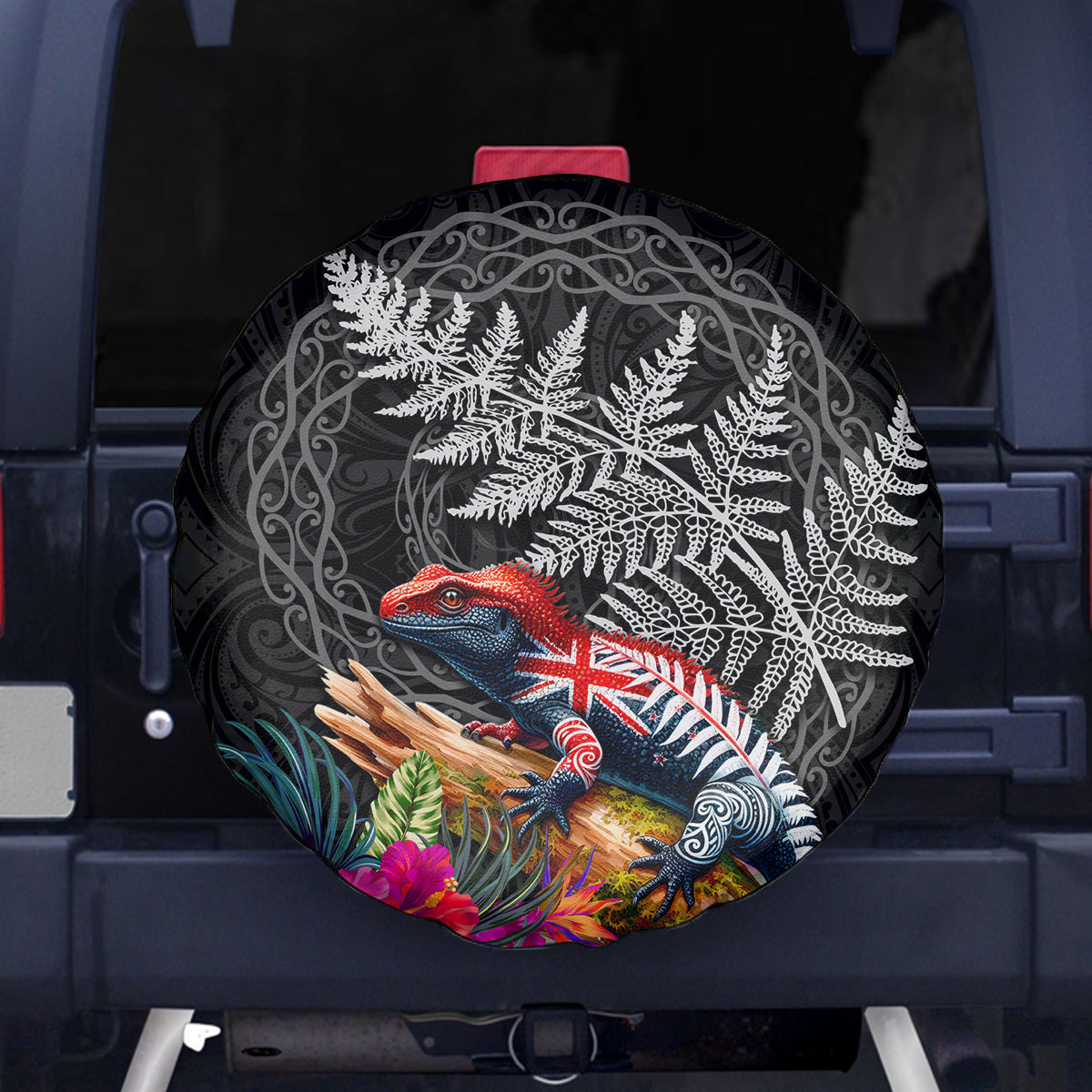 New Zealand Tuatara Spare Tire Cover Silver Fern Hibiscus and Tribal Maori Pattern Black Color LT03 - Polynesian Pride
