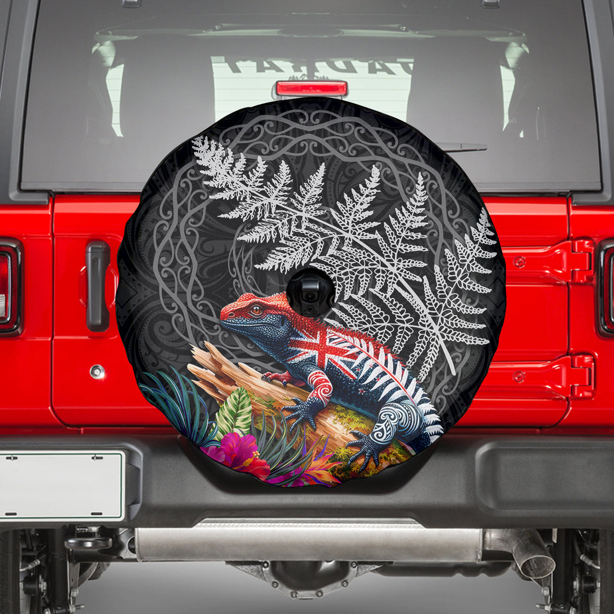 New Zealand Tuatara Spare Tire Cover Silver Fern Hibiscus and Tribal Maori Pattern Black Color LT03 - Polynesian Pride