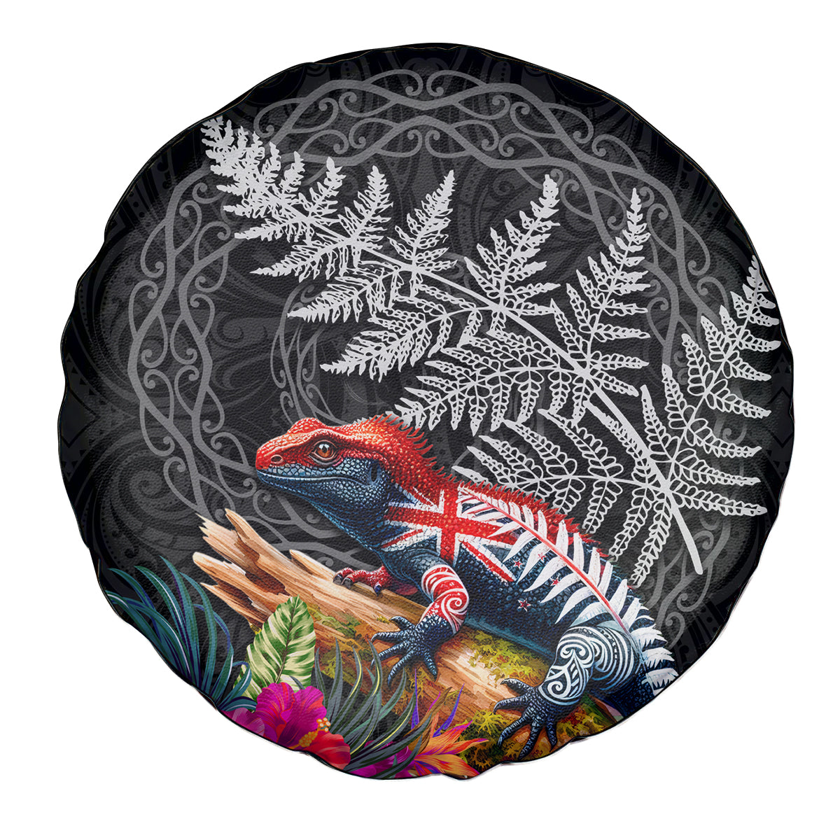 New Zealand Tuatara Spare Tire Cover Silver Fern Hibiscus and Tribal Maori Pattern Black Color LT03 - Polynesian Pride