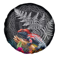 New Zealand Tuatara Spare Tire Cover Silver Fern Hibiscus and Tribal Maori Pattern Black Color LT03 - Polynesian Pride