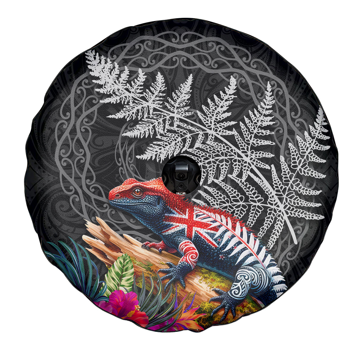 New Zealand Tuatara Spare Tire Cover Silver Fern Hibiscus and Tribal Maori Pattern Black Color LT03 - Polynesian Pride