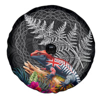 New Zealand Tuatara Spare Tire Cover Silver Fern Hibiscus and Tribal Maori Pattern Black Color LT03 - Polynesian Pride