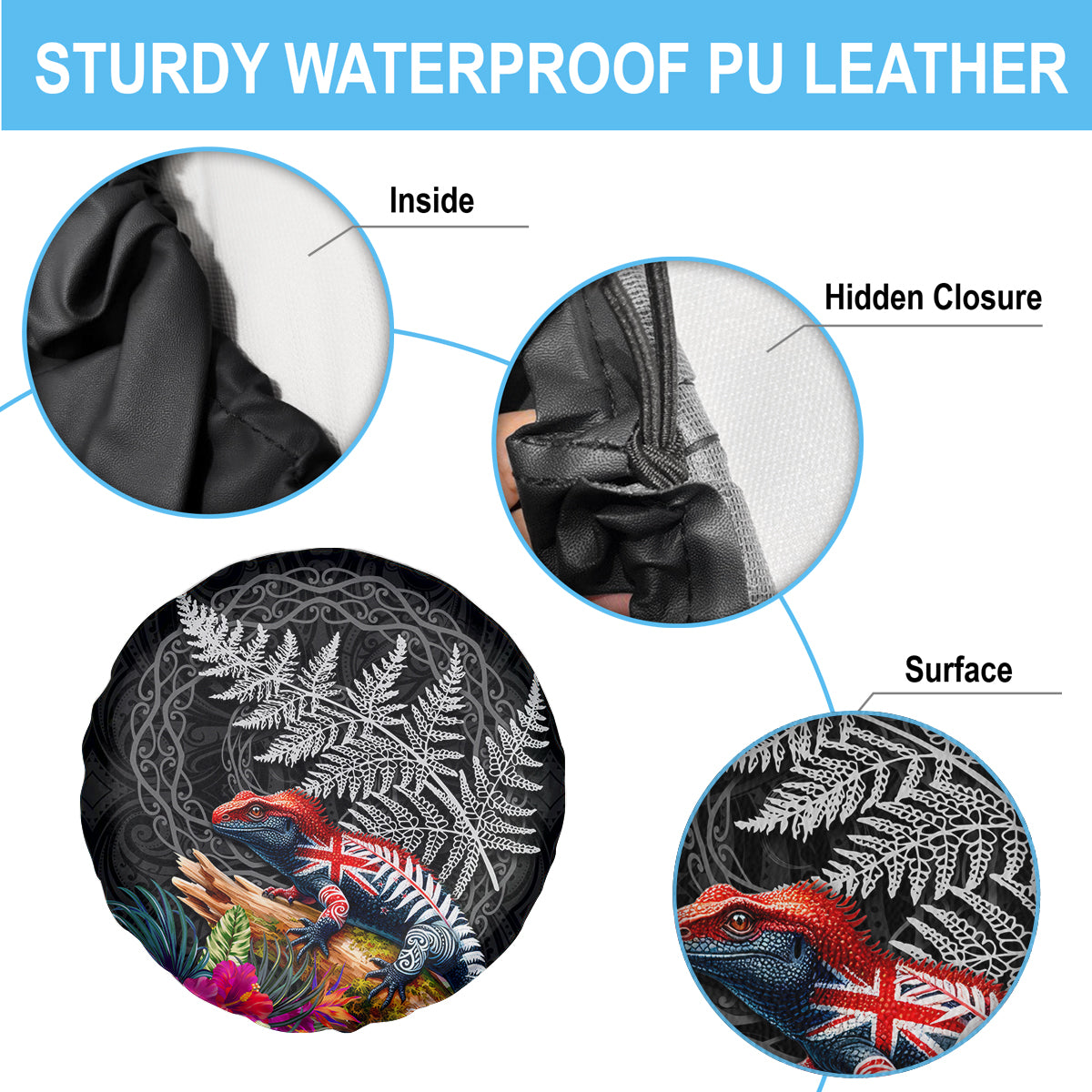 New Zealand Tuatara Spare Tire Cover Silver Fern Hibiscus and Tribal Maori Pattern Black Color LT03 - Polynesian Pride