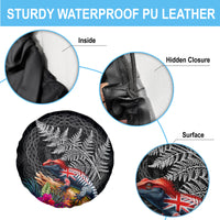 New Zealand Tuatara Spare Tire Cover Silver Fern Hibiscus and Tribal Maori Pattern Black Color LT03 - Polynesian Pride