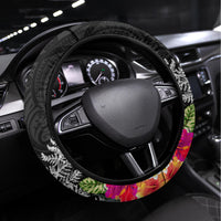 New Zealand Tuatara Steering Wheel Cover Silver Fern Hibiscus and Tribal Maori Pattern Black Color LT03 Universal Fit Black - Polynesian Pride