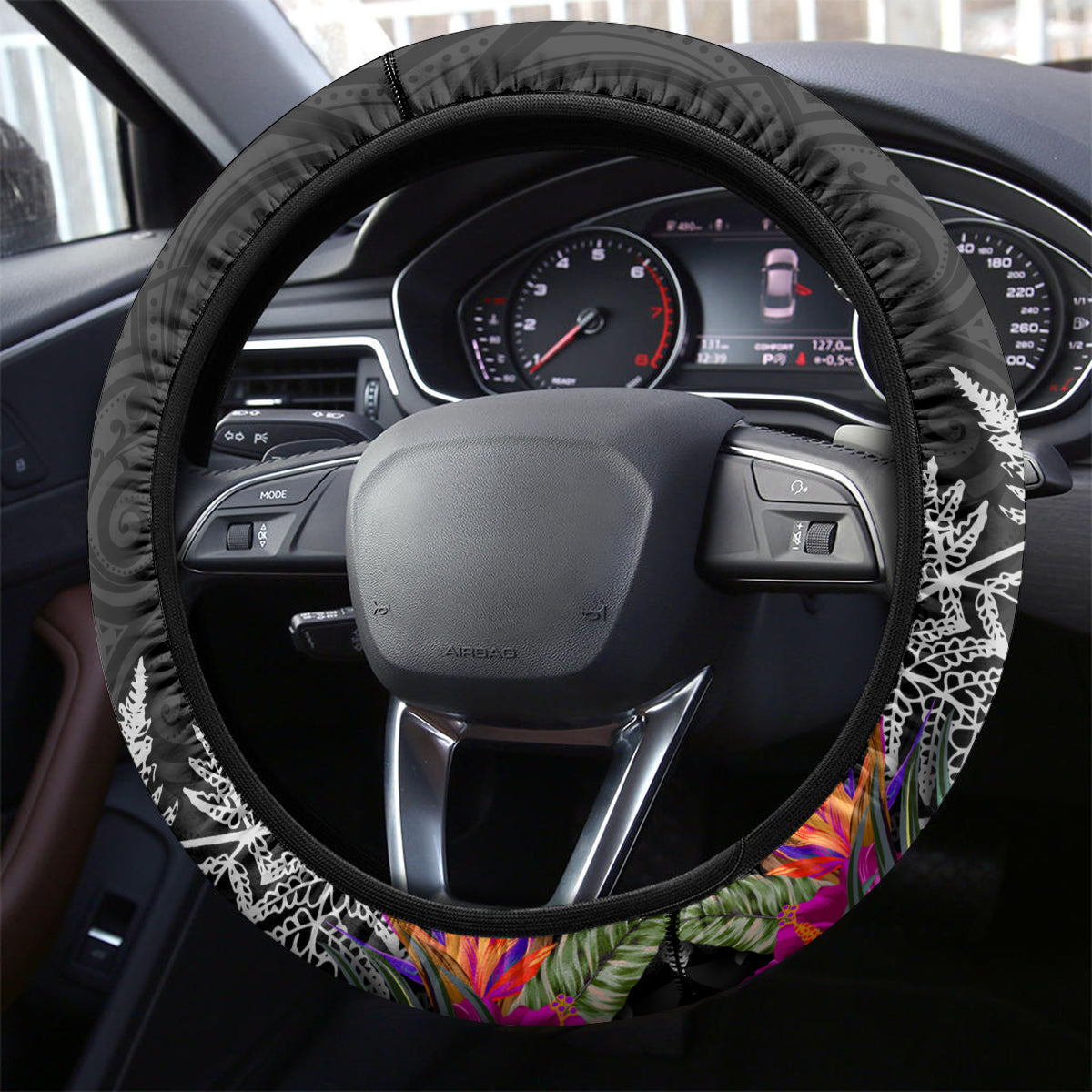 New Zealand Tuatara Steering Wheel Cover Silver Fern Hibiscus and Tribal Maori Pattern Black Color LT03 - Polynesian Pride