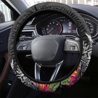 New Zealand Tuatara Steering Wheel Cover Silver Fern Hibiscus and Tribal Maori Pattern Black Color LT03 - Polynesian Pride