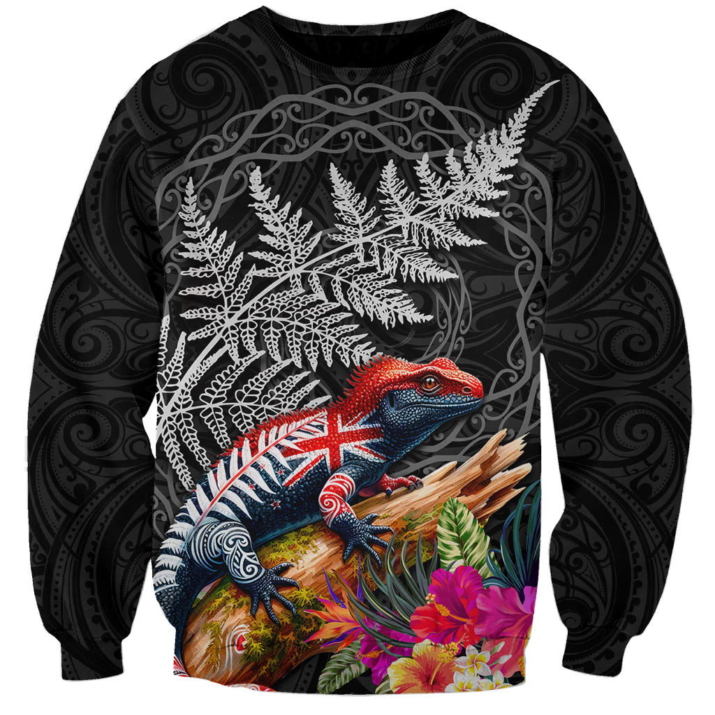 New Zealand Tuatara Sweatshirt Silver Fern Hibiscus and Tribal Maori Pattern Black Color LT03 Unisex Black - Polynesian Pride