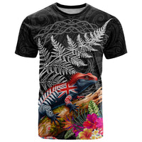 New Zealand Tuatara T Shirt Silver Fern Hibiscus and Tribal Maori Pattern Black Color LT03 Black - Polynesian Pride