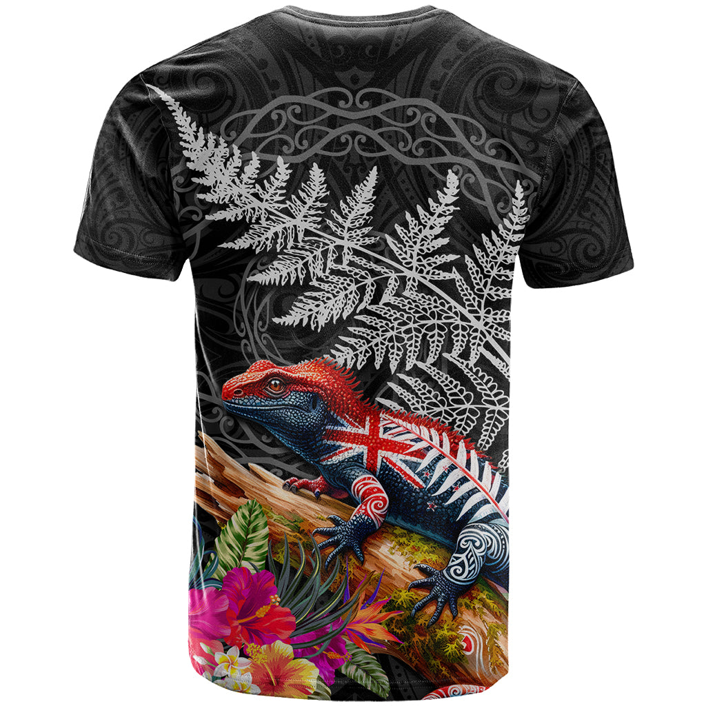 New Zealand Tuatara T Shirt Silver Fern Hibiscus and Tribal Maori Pattern Black Color LT03 - Polynesian Pride