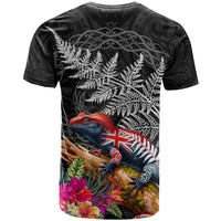New Zealand Tuatara T Shirt Silver Fern Hibiscus and Tribal Maori Pattern Black Color LT03 - Polynesian Pride