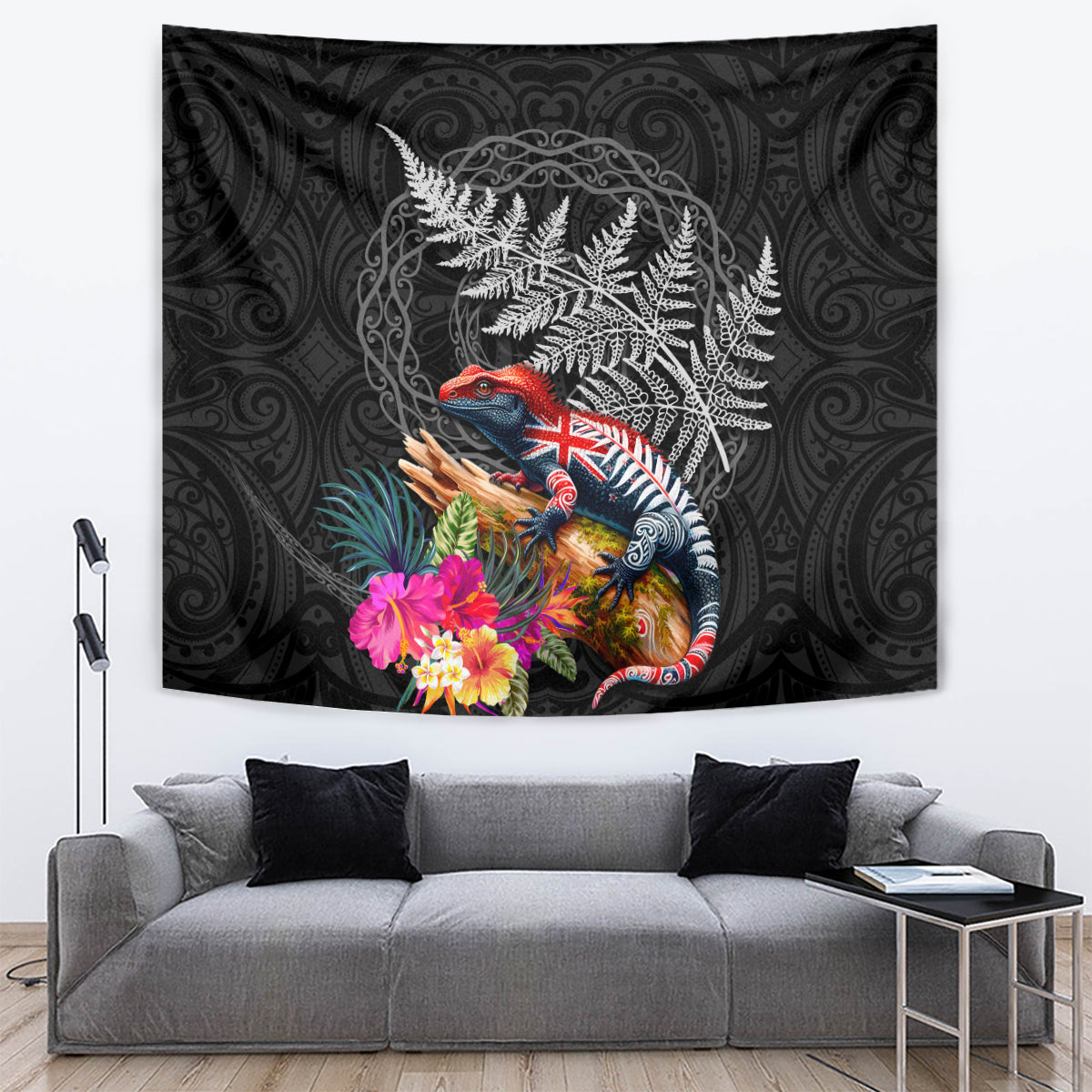 New Zealand Tuatara Tapestry Silver Fern Hibiscus and Tribal Maori Pattern Black Color LT03 Black - Polynesian Pride