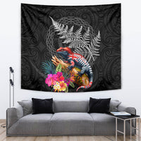 New Zealand Tuatara Tapestry Silver Fern Hibiscus and Tribal Maori Pattern Black Color LT03 Black - Polynesian Pride