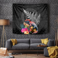 New Zealand Tuatara Tapestry Silver Fern Hibiscus and Tribal Maori Pattern Black Color LT03 - Polynesian Pride