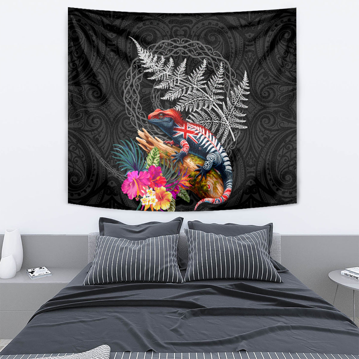 New Zealand Tuatara Tapestry Silver Fern Hibiscus and Tribal Maori Pattern Black Color LT03 - Polynesian Pride