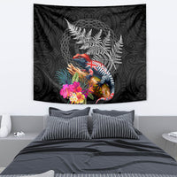 New Zealand Tuatara Tapestry Silver Fern Hibiscus and Tribal Maori Pattern Black Color LT03 - Polynesian Pride