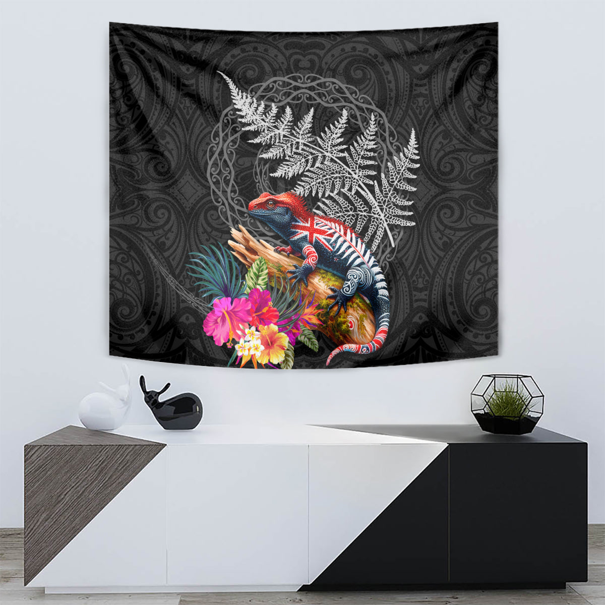 New Zealand Tuatara Tapestry Silver Fern Hibiscus and Tribal Maori Pattern Black Color LT03 - Polynesian Pride