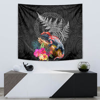 New Zealand Tuatara Tapestry Silver Fern Hibiscus and Tribal Maori Pattern Black Color LT03 - Polynesian Pride