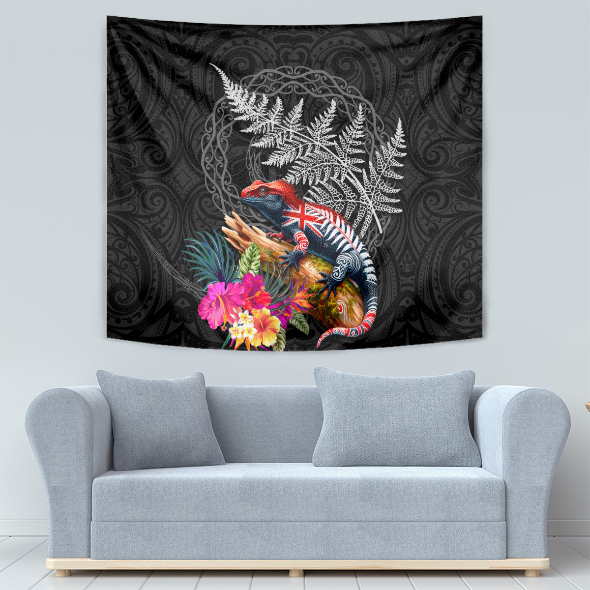 New Zealand Tuatara Tapestry Silver Fern Hibiscus and Tribal Maori Pattern Black Color LT03 - Polynesian Pride