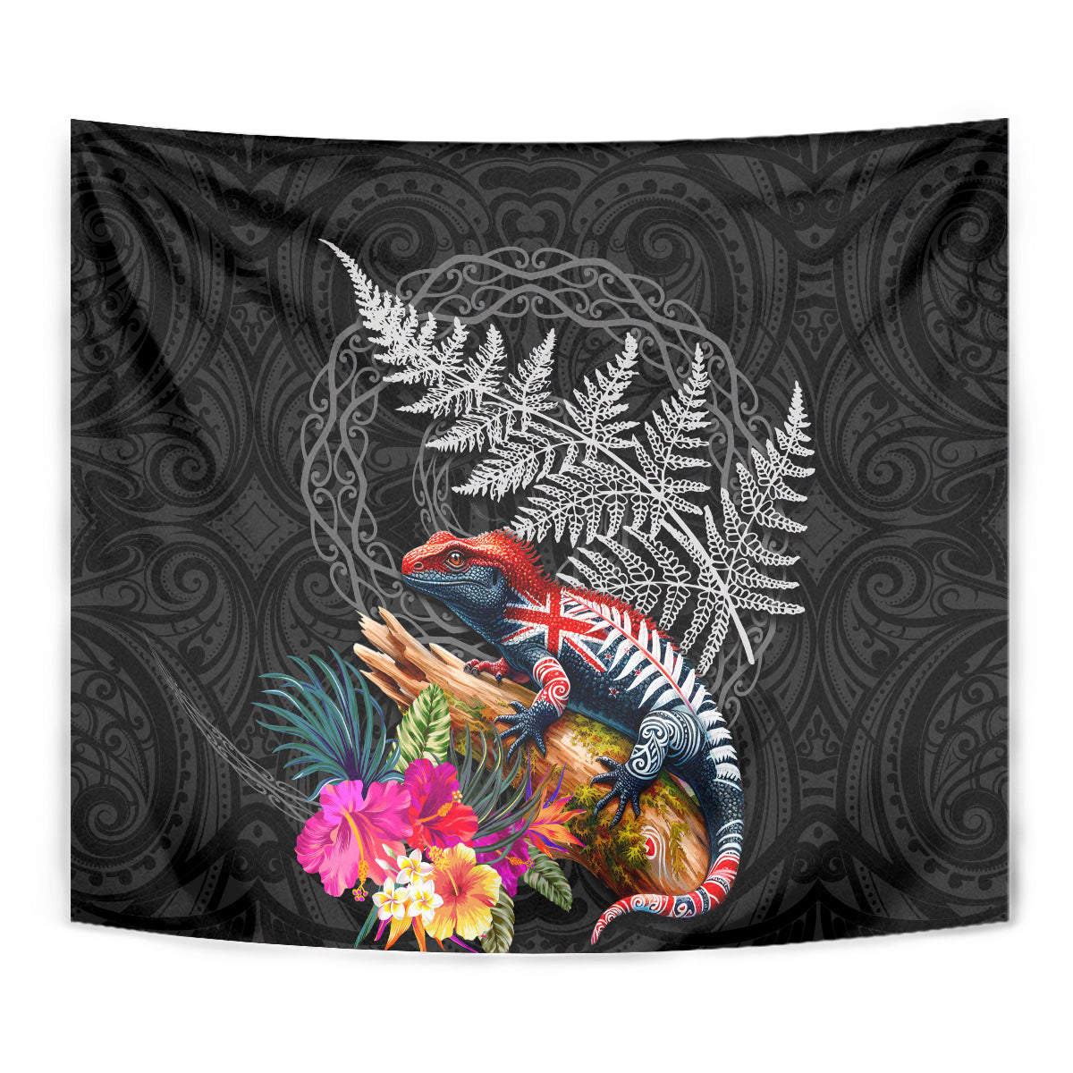 New Zealand Tuatara Tapestry Silver Fern Hibiscus and Tribal Maori Pattern Black Color LT03 - Polynesian Pride