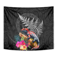 New Zealand Tuatara Tapestry Silver Fern Hibiscus and Tribal Maori Pattern Black Color LT03 - Polynesian Pride