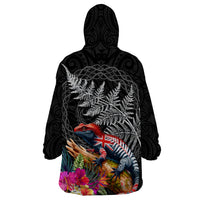 New Zealand Tuatara Wearable Blanket Hoodie Silver Fern Hibiscus and Tribal Maori Pattern Black Color LT03 - Polynesian Pride