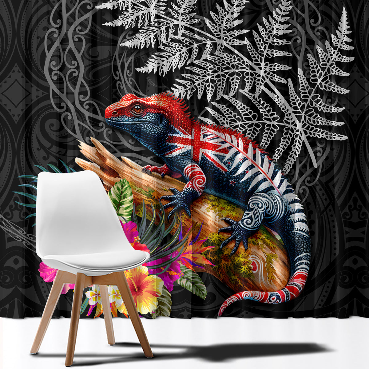 New Zealand Tuatara Window Curtain Silver Fern Hibiscus and Tribal Maori Pattern Black Color LT03 - Polynesian Pride