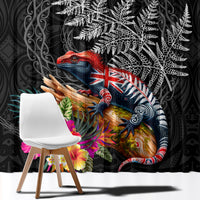 New Zealand Tuatara Window Curtain Silver Fern Hibiscus and Tribal Maori Pattern Black Color LT03 - Polynesian Pride