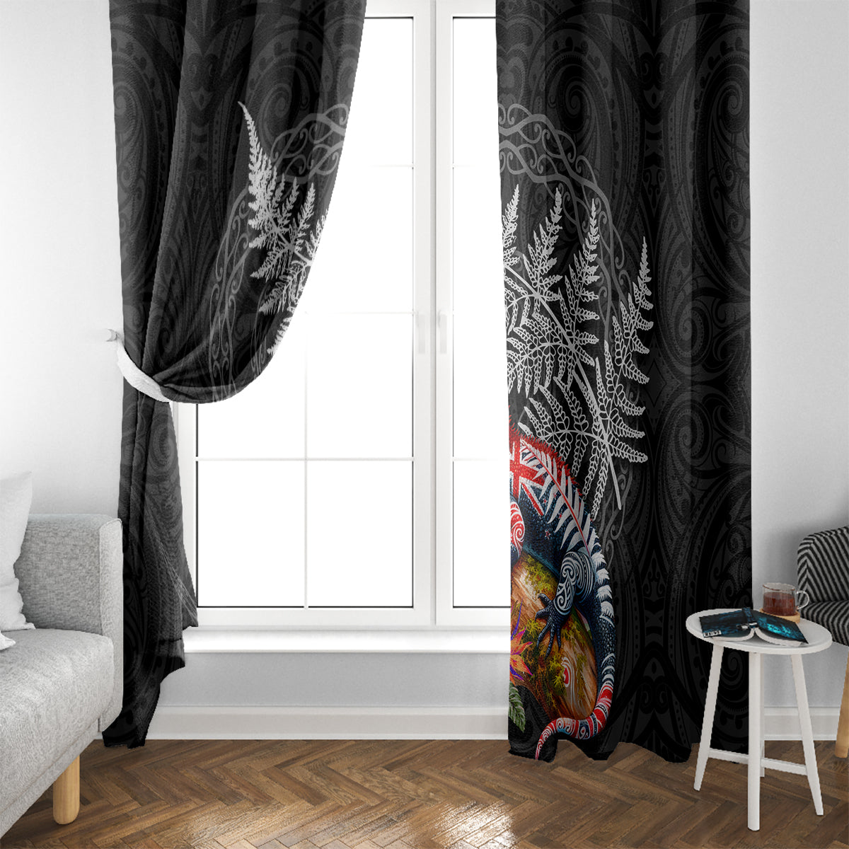 New Zealand Tuatara Window Curtain Silver Fern Hibiscus and Tribal Maori Pattern Black Color LT03 - Polynesian Pride
