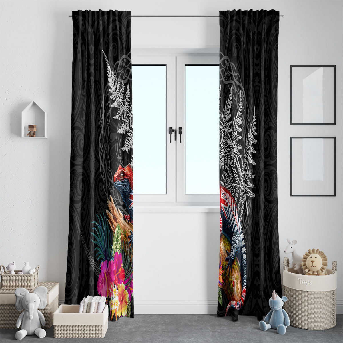 New Zealand Tuatara Window Curtain Silver Fern Hibiscus and Tribal Maori Pattern Black Color LT03 - Polynesian Pride