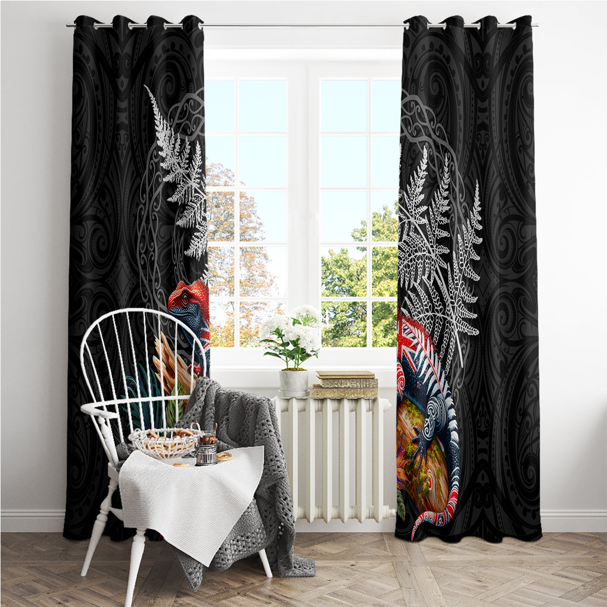 New Zealand Tuatara Window Curtain Silver Fern Hibiscus and Tribal Maori Pattern Black Color LT03 - Polynesian Pride