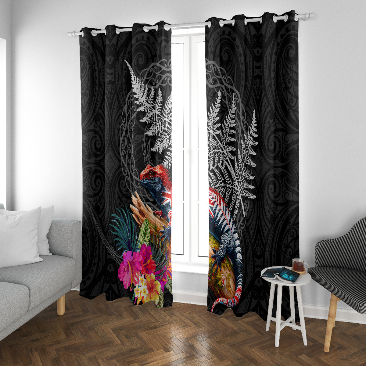 New Zealand Tuatara Window Curtain Silver Fern Hibiscus and Tribal Maori Pattern Black Color LT03 With Grommets Black - Polynesian Pride