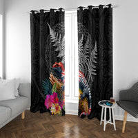 New Zealand Tuatara Window Curtain Silver Fern Hibiscus and Tribal Maori Pattern Black Color LT03 With Grommets Black - Polynesian Pride