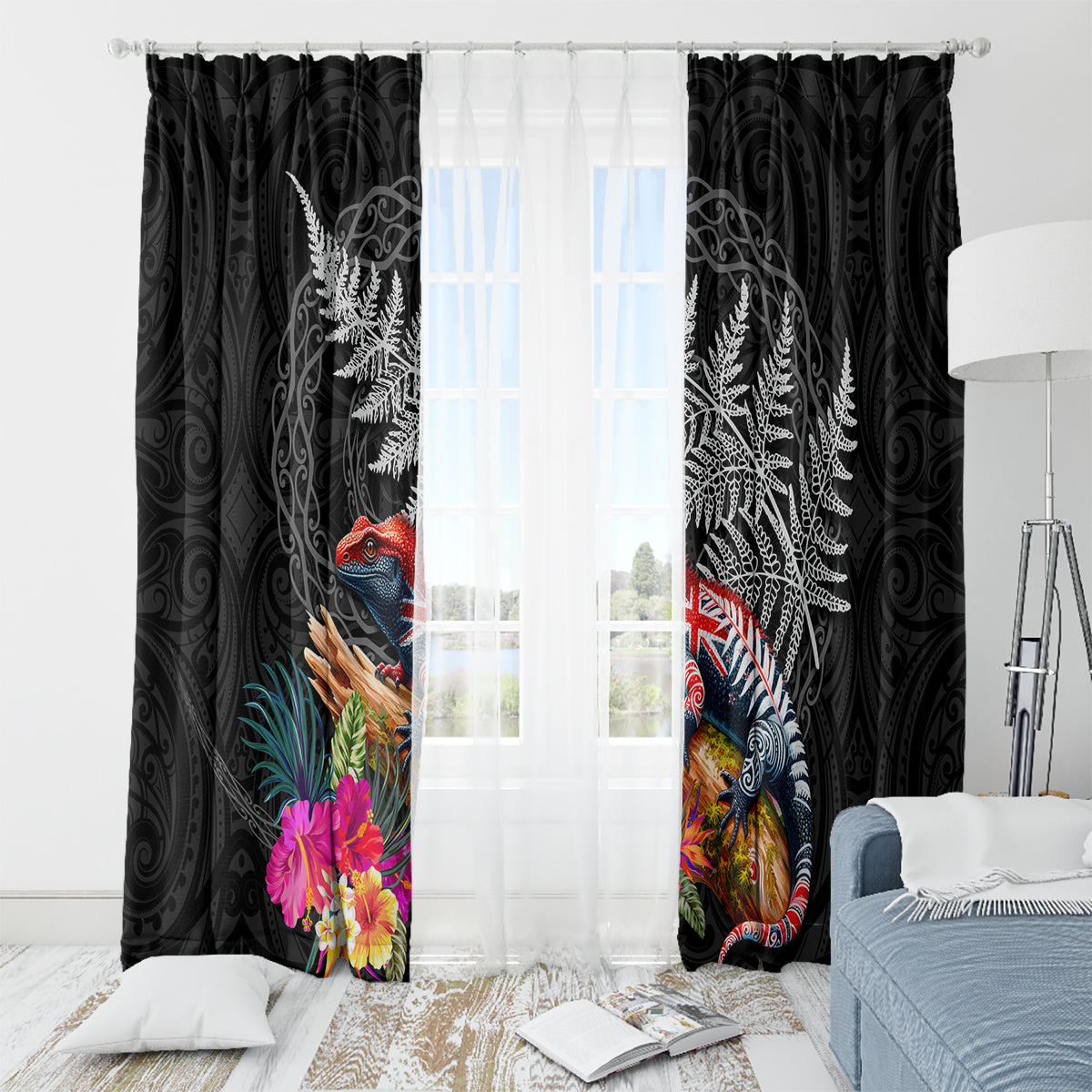 New Zealand Tuatara Window Curtain Silver Fern Hibiscus and Tribal Maori Pattern Black Color LT03 - Polynesian Pride