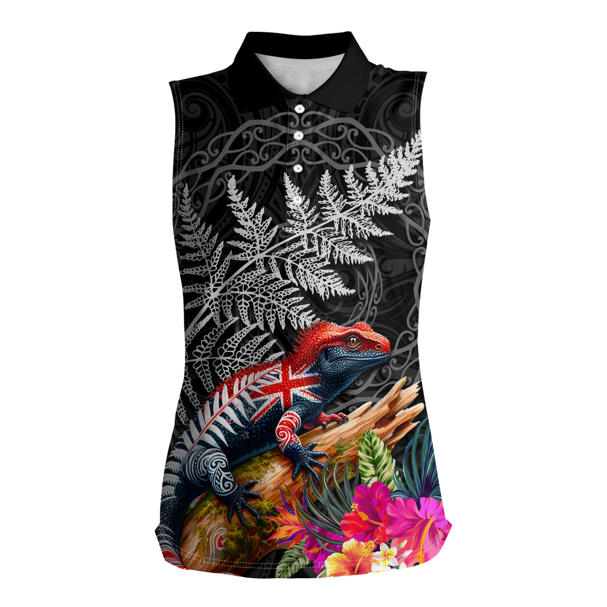 New Zealand Tuatara Women Sleeveless Polo Shirt Silver Fern Hibiscus and Tribal Maori Pattern Black Color LT03 Female Black - Polynesian Pride