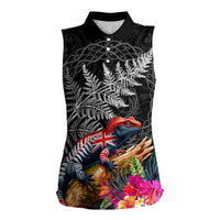 New Zealand Tuatara Women Sleeveless Polo Shirt Silver Fern Hibiscus and Tribal Maori Pattern Black Color LT03 Female Black - Polynesian Pride