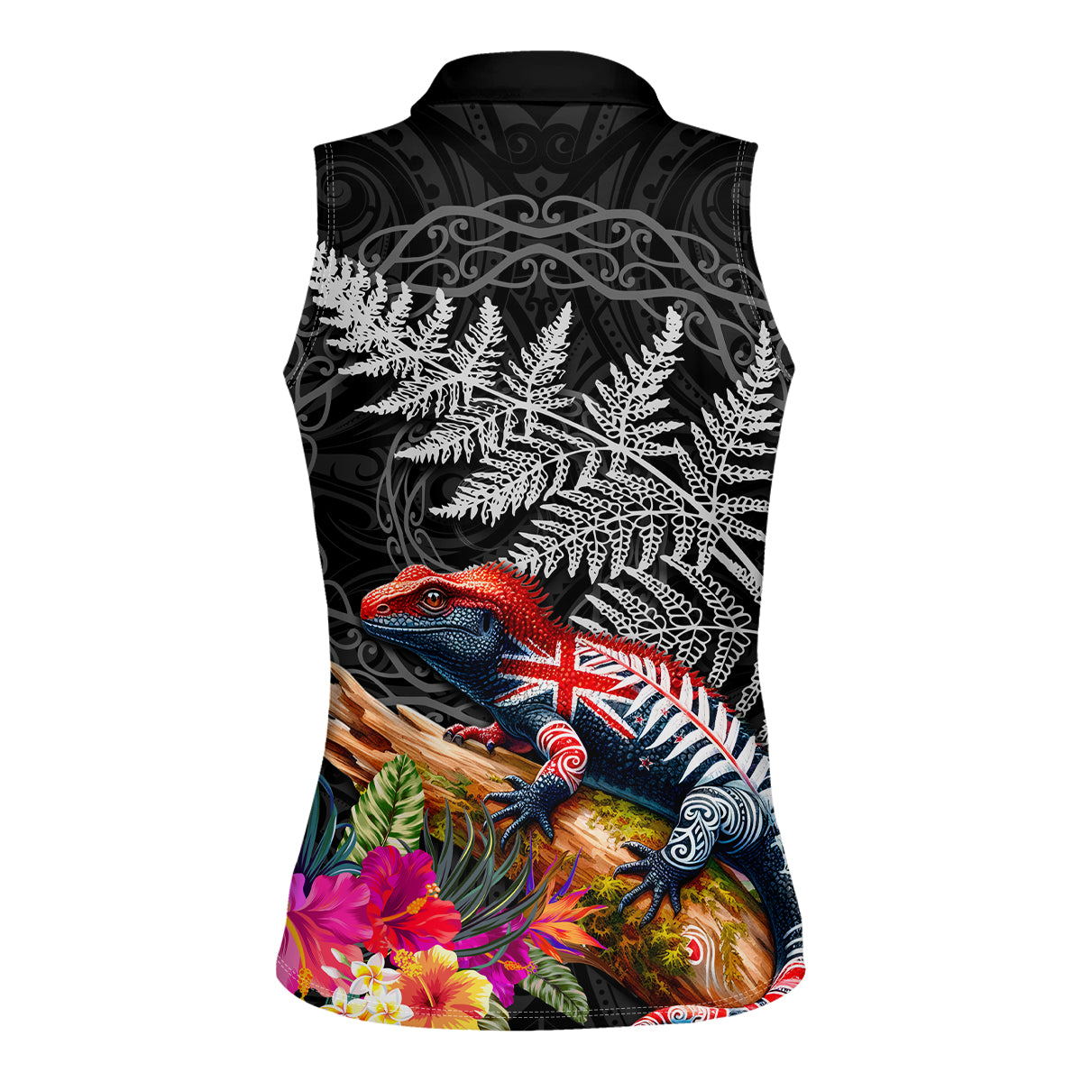 New Zealand Tuatara Women Sleeveless Polo Shirt Silver Fern Hibiscus and Tribal Maori Pattern Black Color LT03 - Polynesian Pride