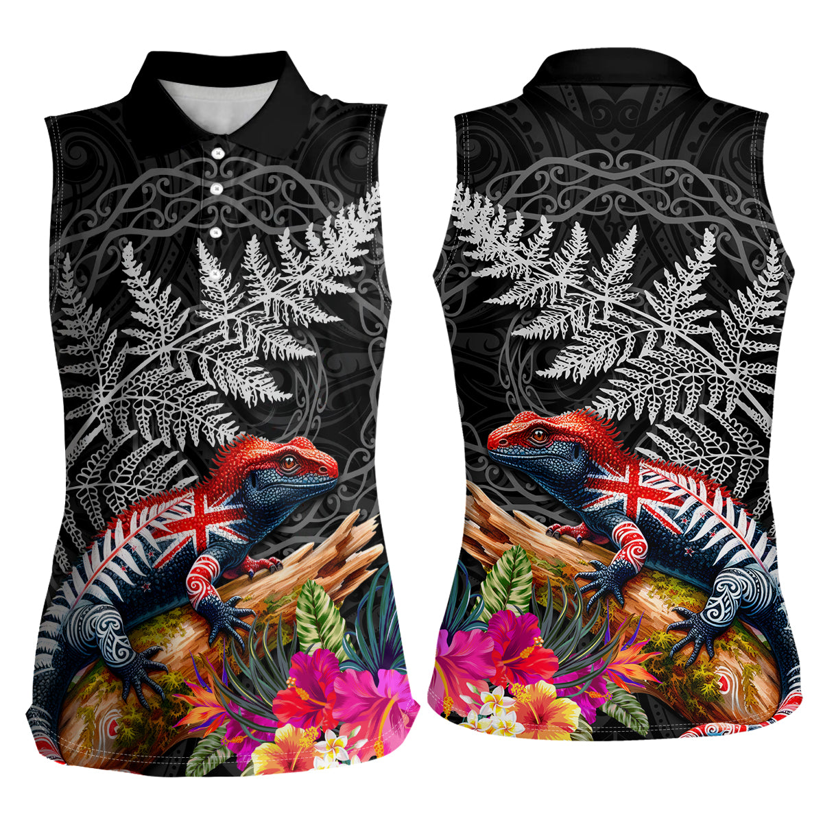 New Zealand Tuatara Women Sleeveless Polo Shirt Silver Fern Hibiscus and Tribal Maori Pattern Black Color LT03 - Polynesian Pride