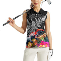 New Zealand Tuatara Women Sleeveless Polo Shirt Silver Fern Hibiscus and Tribal Maori Pattern Black Color LT03 - Polynesian Pride