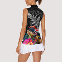 New Zealand Tuatara Women Sleeveless Polo Shirt Silver Fern Hibiscus and Tribal Maori Pattern Black Color LT03 - Polynesian Pride