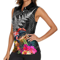 New Zealand Tuatara Women Sleeveless Polo Shirt Silver Fern Hibiscus and Tribal Maori Pattern Black Color LT03 - Polynesian Pride