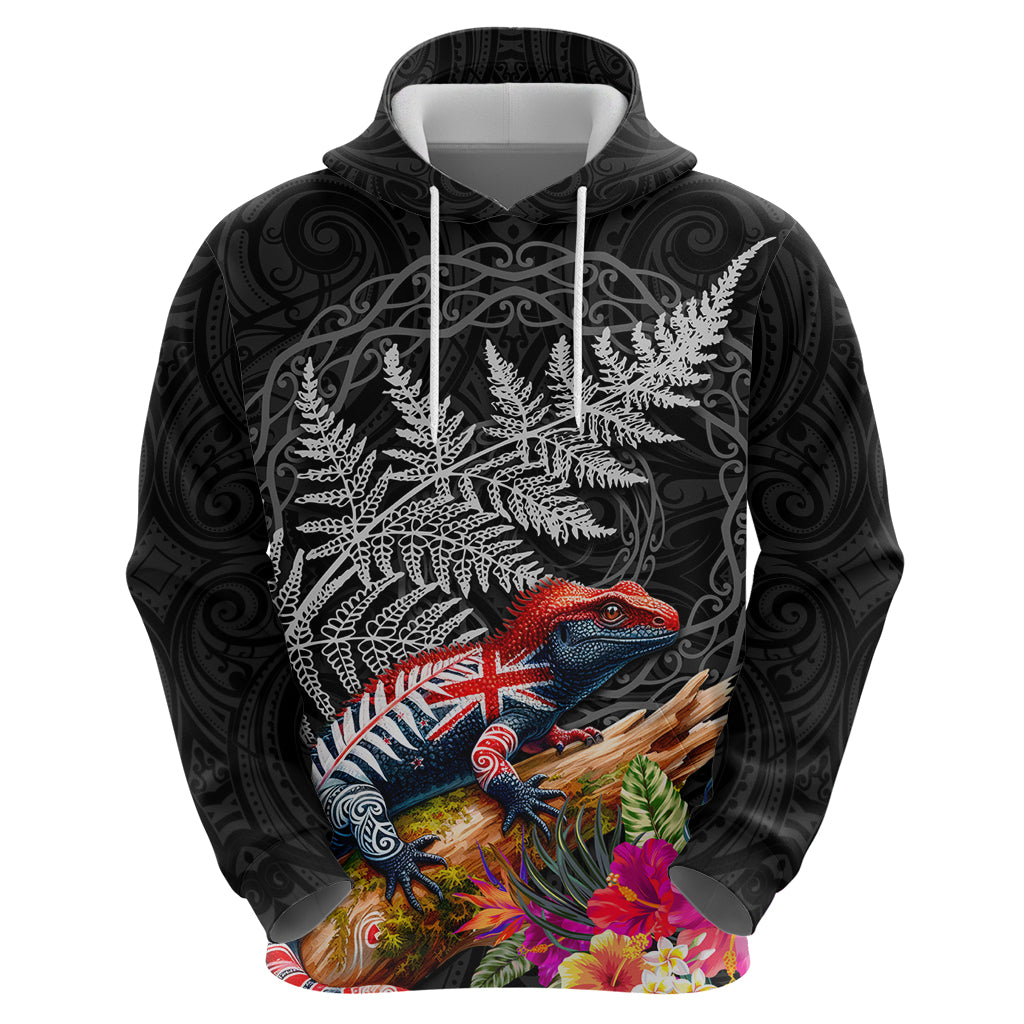 New Zealand Tuatara Zip Hoodie Silver Fern Hibiscus and Tribal Maori Pattern Black Color LT03 - Polynesian Pride