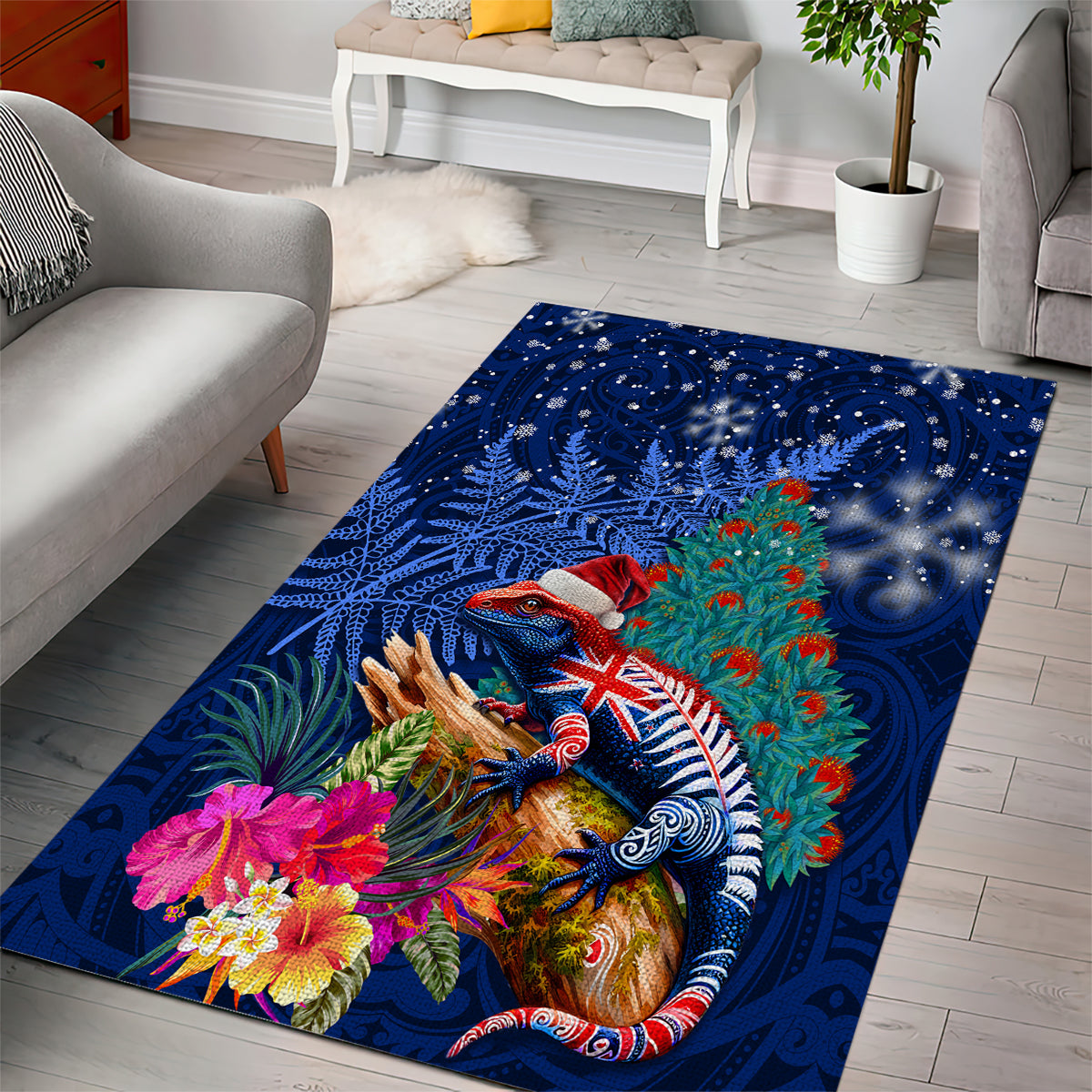 New Zealand Tuatara Christmas Area Rug Silver Fern and Xmas Pohutukawa Tree Blue Color LT03 - Polynesian Pride