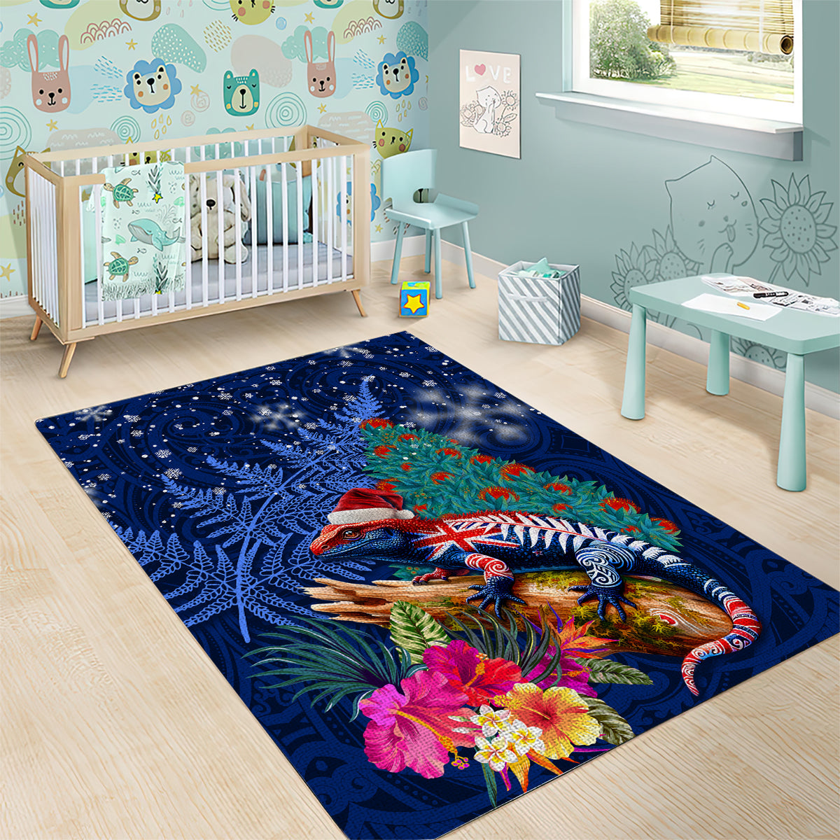 New Zealand Tuatara Christmas Area Rug Silver Fern and Xmas Pohutukawa Tree Blue Color LT03 - Polynesian Pride