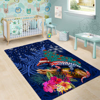 New Zealand Tuatara Christmas Area Rug Silver Fern and Xmas Pohutukawa Tree Blue Color LT03 - Polynesian Pride
