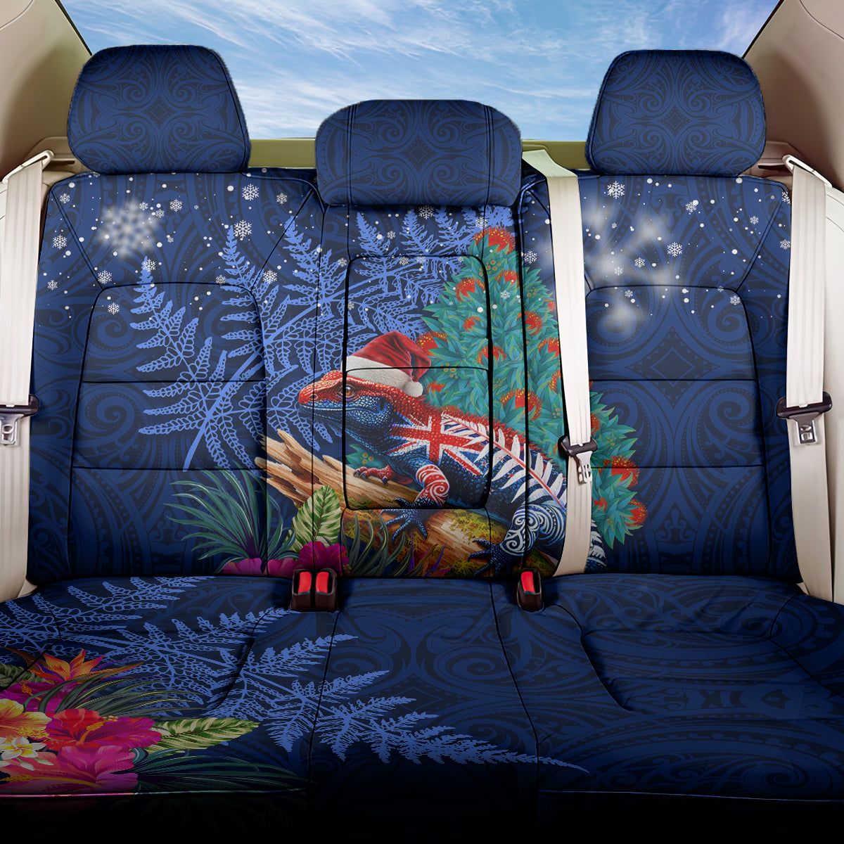 New Zealand Tuatara Christmas Back Car Seat Cover Silver Fern and Xmas Pohutukawa Tree Blue Color LT03 One Size Blue - Polynesian Pride