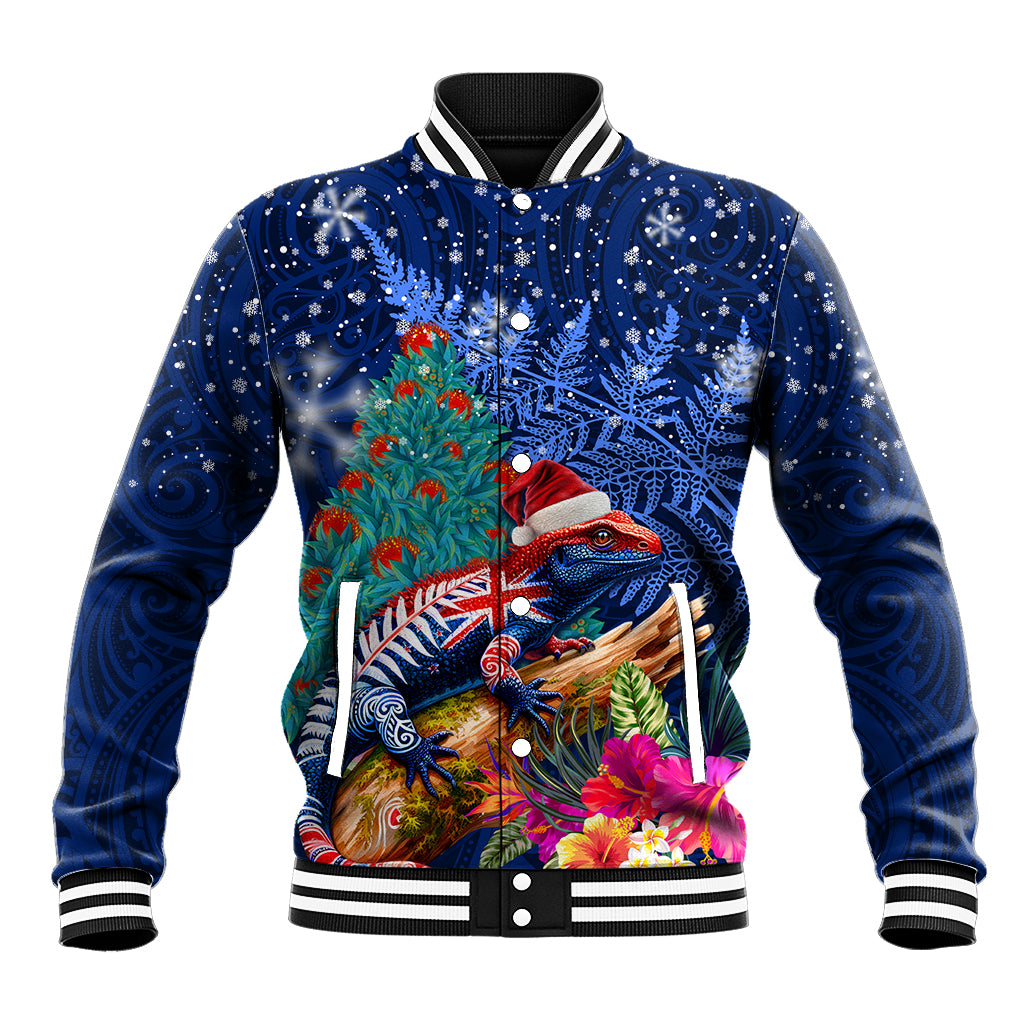 New Zealand Tuatara Christmas Baseball Jacket Silver Fern and Xmas Pohutukawa Tree Blue Color LT03 Unisex Blue - Polynesian Pride