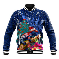 New Zealand Tuatara Christmas Baseball Jacket Silver Fern and Xmas Pohutukawa Tree Blue Color LT03 Unisex Blue - Polynesian Pride