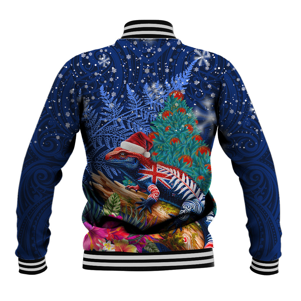 New Zealand Tuatara Christmas Baseball Jacket Silver Fern and Xmas Pohutukawa Tree Blue Color LT03 - Polynesian Pride